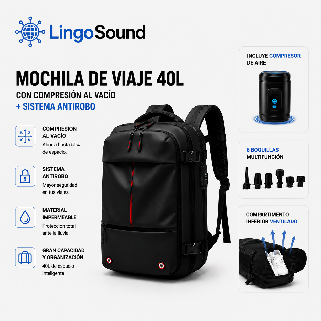 Mochila de viaje 40L con Comprensión al vacío + Sistema antirobo